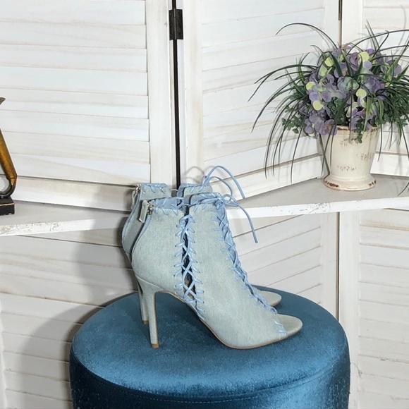 Forever 21 Denim Stiletto Heels Criss-Cross Lace-Up Detail Light Blue sz 10 - Picture 5 of 8